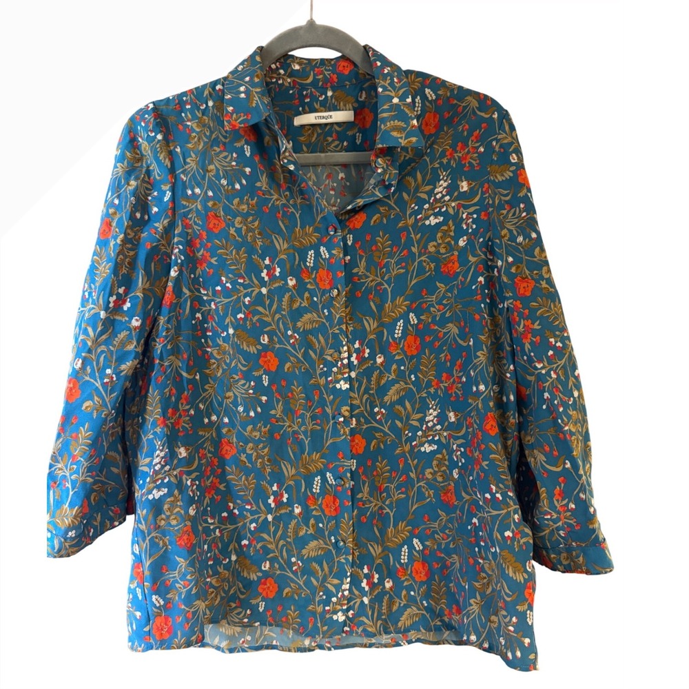 Uterque Women Teal Blue 100% Mulberry Silk Floral Vine Print Blouse Size S